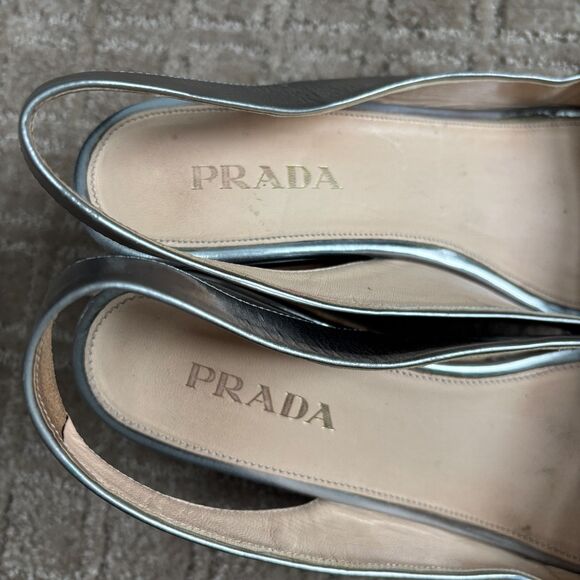 Prada Patent Leather Slingback Platform Wedge Sandal Womens 36.5 Silver Peeptoe - Picture 9 of 14